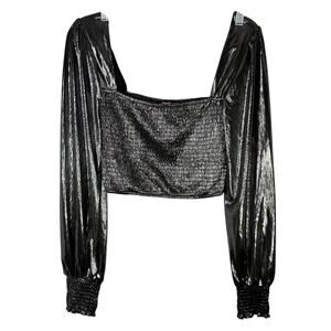 PEACH PUFF Silver Metallic Lame Smocked Crop Top Size S Retro Disco Club Style